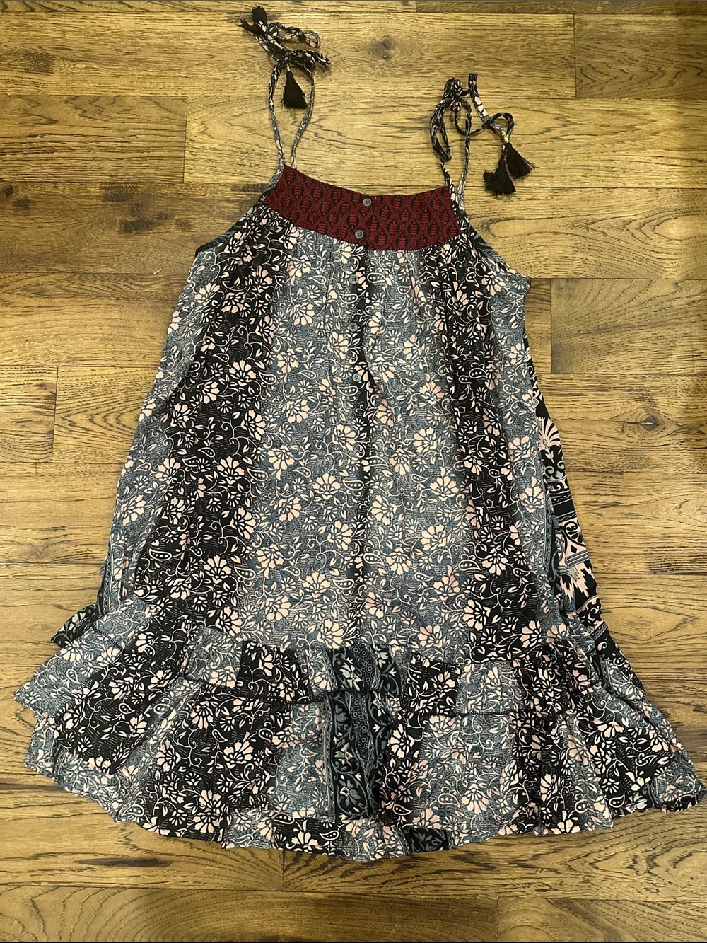 Printed Sundress with Contrast Yoke - Black/Light Pink/Grey/Burgundy